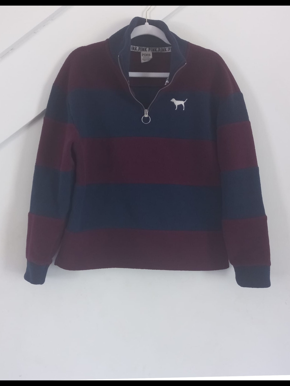 PINK Victoria's Secret Navy and Burgundy Striped Half-Zip Sweater